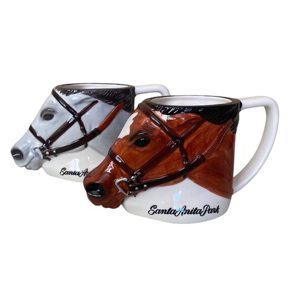 Vintage Santa Anita Park Horse Head Ceramic Mugs Set Of 2 - Picture 1 of 13